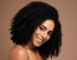 Image showing Face portrait, skincare and beauty of black woman in studio isolated on a brown background mockup. Cosmetics, makeup and smile of happy female model satisfied with spa facial treatment for wellness.