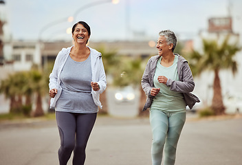 Image showing Fitness, city or friends running in a marathon challenge with sports performance goals on urban city street. Happy, runners or healthy senior women in a cardio workout, fun training or body exercise