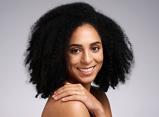 Image showing Skincare, beauty and portrait of black woman on gray background for wellness, healthy and glowing skin. Dermatology, aesthetic and face of girl spa cosmetics, beauty products and facial treatment