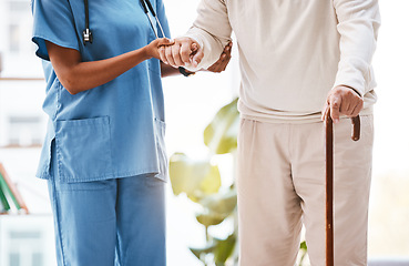 Image showing Nurse, disability and old man with walking stick in nursing home for osteoporosis, rehabilitation and cancer. Cane, disabled patient and support for physiotherapy with caregiver, healthcare and hands