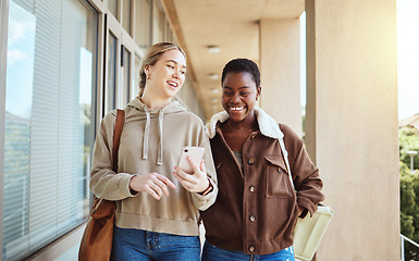 Image showing Smartphone, university and students walking with education, college or study website and campus networking. Social media, communication and diversity friends reading phone, schedule or school results