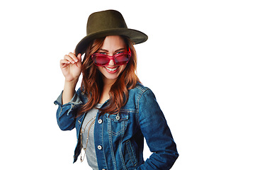 Image showing Woman, portrait or fashion sunglasses on isolated white background for trendy, cool or hipster brand marketing. Smile, happy or gen z model with clothing, hat or creative clothes on mock up backdrop