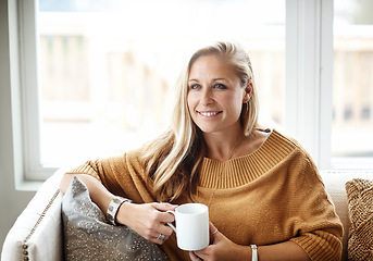 Image showing Woman, thinking and relax happy with tea on sofa in living room for morning mindfulness peace, calm vision and planning lifestyle ideas in home. Female, smile and mindset thought with coffee on couch