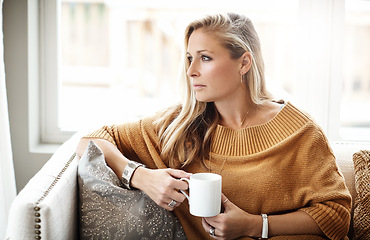 Image showing Woman, thinking and relax with coffee on sofa in living room for morning mindfulness peace, calm vision and planning lifestyle ideas in home. Female, thoughtful mindset and drinking warm tea on couch