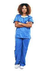 Image showing Nurse, portrait and black woman with arms crossed in studio standing isolated on a white background mock up. Healthcare, wellness goals and confident and proud female medical physician from Nigeria.