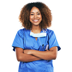 Image showing Portrait, nurse and black woman with arms crossed in studio isolated on white background. Face, healthcare or confident, proud and happy female medical physician from Nigeria ready for wellness goals