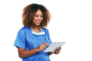 Image showing Healthcare, nurse and black woman with tablet in studio isolated on white background mockup. Technology, wellness and portrait of female medical physician with touchscreen for research or telehealth.