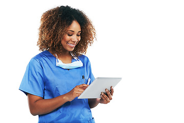 Image showing Black woman, tablet and doctor in studio with smile, focus or research with healthcare article by white background. Isolated nurse, mobile tech touchscreen and reading email, social media app or news