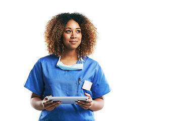 Image showing Nurse, healthcare and black woman with tablet in studio isolated on a white background mock up. Technology, wellness and thinking female medical physician with touchscreen for research or telehealth.