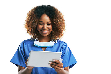 Image showing Doctor, black woman and tablet for typing in studio with smile, focus and web communication by white background. Isolated nurse, touchscreen tech or reading on social media app, medical news or chat