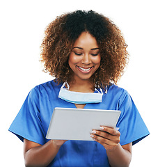 Image showing Tablet, healthcare nurse and black woman in studio isolated on a white background mockup. Technology, wellness app and person or female medical physician with touchscreen for research or telehealth.