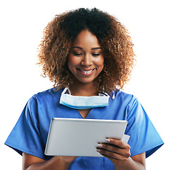 Image showing Doctor black woman, tablet typing and studio for smile, focus or science research on web app by white background. Isolated nurse, mobile tech touchscreen or reading on social network, article or news