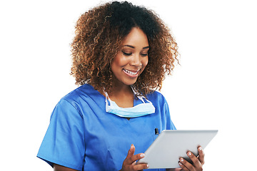 Image showing Doctor black woman, tablet and studio in communication, smile or focus on healthcare research by white background. Isolated nurse, mobile tech touchscreen and reading on social network, app or chat