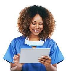 Image showing Tablet, black woman and healthcare nurse in studio isolated on white background. Technology, wellness app and happy person or female medical physician with touchscreen for research or telehealth.