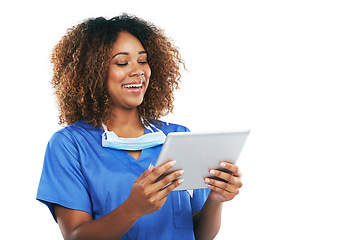 Image showing Nurse, health and black woman with tablet in studio isolated on white background mockup. Technology, wellness and happy female medical physician laughing with touchscreen for research or telehealth.