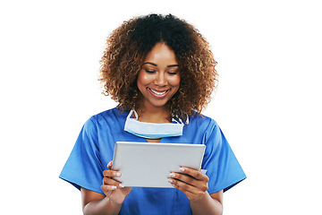 Image showing Healthcare tablet, nurse and black woman in studio isolated on white background mock up. Technology, wellness app and happy young female medical physician with touchscreen for research or telehealth.