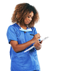 Image showing Healthcare, clipboard and mockup with a nurse black woman writing in studio isolated on a white background. Medical, documents and insurance with a female medicine professional on blank mock up space