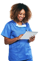 Image showing Doctor, black woman and tablet in studio with focus, smile and research for healthcare problem by white background. Isolated nurse, mobile tech touchscreen and reading email, social media app or chat