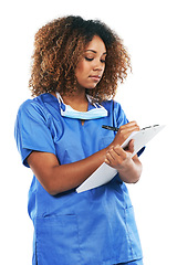 Image showing Healthcare, nurse and black woman writing on checklist in studio isolated on white background. Wellness, documents and female medical physician taking notes on clipboard for research, results or data