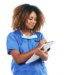 Image showing Nurse, healthcare and black woman writing on checklist in studio isolated on white background mockup. Wellness, documents and female medical physician taking notes on clipboard for research records.