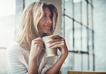 Image showing Coffee, thinking and woman in home relax with delicious cup of caffeine, espresso or cappuccino. Ideas, peace or happy calm female with tea mug while contemplating, focus or lost in thoughts in house