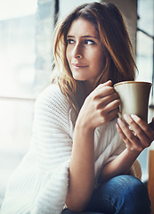 Image showing Coffee, thinking and woman relax in home with delicious cup of caffeine, espresso or cappuccino. Ideas, tea and female holding beverage in mug while contemplating, focus or lost in thoughts in house.