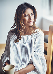 Image showing Coffee, thinking and woman relax on chair with delicious cup of caffeine, espresso or cappuccino. Ideas, peace and female holding mug with tea while contemplating, focus or lost in thoughts in house.