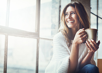 Image showing Relax, coffee and woman thinking by window in home with delicious cup of caffeine, espresso or cappuccino. Peace, idea or happy calm female with tea mug while contemplating, focus or lost in thoughts