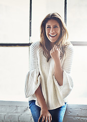 Image showing Portrait, happy and woman relax against a window in her home, content and cheerful on the weekend. Face, girl and free time, smile and joy while enjoying a break indoors, laughing and resting alone