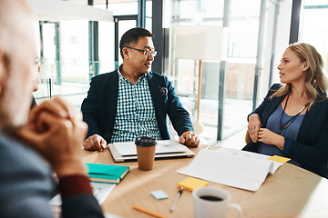 Image showing Idea, planning and communication of business people in meeting at corporate workplace together. Collaboration, brainstorming and strategy of interracial employees in company business meeting.