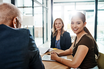 Image showing Meeting, planning and teamwork with woman portrait for success, confidence and hr management discussion. Communication, leadership and collaboration of business people, person or group with a smile