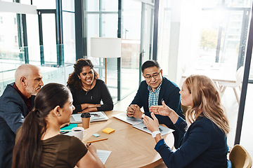 Image showing Company vision and mission of business people in meeting at corporate workplace together. Collaboration, brainstorming and strategy of focused interracial employees in business meeting.