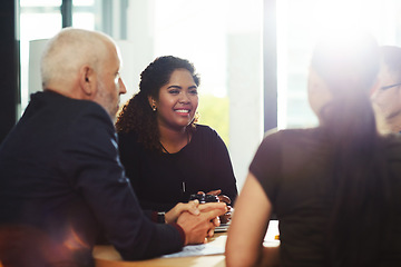 Image showing Business people, meeting or planning in office for strategy discussion, vision or company success. Corporate group, business meeting or collaboration at financial agency for goal, target or budget