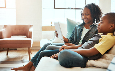 Image showing Happiness, tablet and siblings on sofa, social media and bonding in living room, weekend and connection. Love, black brother and sister with device, watching funny videos and search internet for game