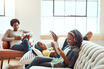 Image showing Tablet, relax and black family children, mother or African people relax together, bond and enjoy quality time. Love, digital tech and youth kids listening to music, streaming video or online gaming