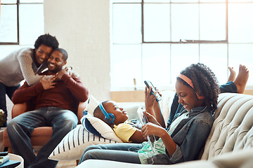 Image showing Tablet, relax and black family children, parents or African people happy together, bond and enjoy quality time. Love, digital tech and youth kids listening to music, streaming video or online gaming