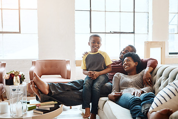 Image showing Portrait of happy black family child, parents or African people relax together, bonding and enjoy quality time. Happiness, love and young youth kid, father and mother rest on home living room sofa