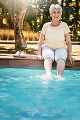 Image showing Relax, senior woman and feet pool in happy portrait with smile and fun time on retirement holiday. Summer, sun and old lady with legs in water, retired and smiling on luxury vacation at spa in Cancun