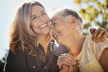 Image showing Senior mom, woman and hug for love, support care and happiness together in nature park. Elderly mother, happy family and daughter relax, calm and smile for relationship bonding adventure outdoor