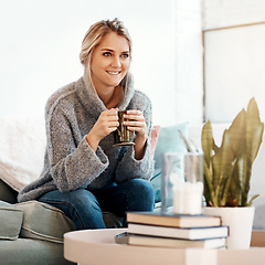 Image showing Woman relax in living room, coffee and smile, peace on sofa and content at home with lifestyle and happiness. Female in apartment, happy woman and coffee cup, positive energy and wellness mindset