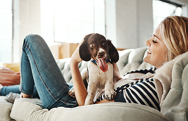 Image showing Woman, sofa and holding dog in house, living room and love with care, relax and happy pet friendship. Girl, couch and puppy with smile, happiness and bonding while together for quality time in lounge