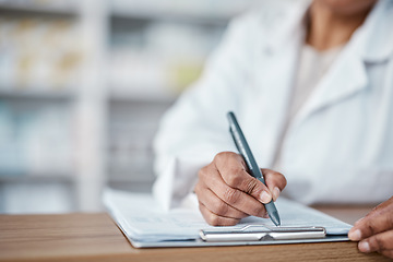 Image showing Woman, hands or pharmacy clipboard writing for medical stock check, medicine product research or pills prescription order. Zoom, pharmacist or healthcare worker with paper documents in retail store