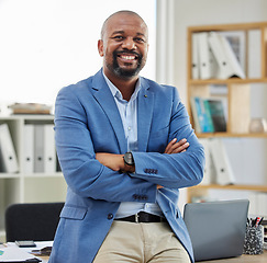 Image showing Accountant portrait and corporate black man in office with confidence, pride and smile in workspace. Mature employee in professional accounting company with arms crossed and optimistic mindset.