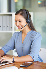 Image showing Telemarketing, call center and woman typing on laptop for technical support, crm consulting and help desk communication. Contact us, email and happy customer service worker with pc for online service