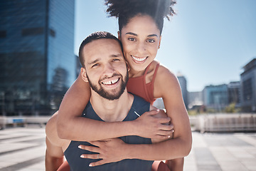 Image showing Fitness, piggyback and young couple in outdoor workout, training or exercise portrait for support, love and hug with teamwork in city. Urban, sports and athlete or friends face smile for cardio goals