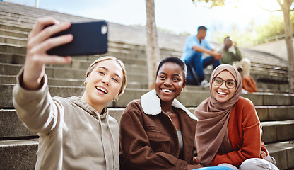 Image showing Women, diversity or phone selfie on university stairs, school steps or college campus bleachers for social media or profile picture. Smile, happy or bonding students on mobile photography technology