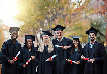 Image showing Success, graduation and portrait of friends with a diploma for education, future and college achievement in Australia. Happy, motivation and group of students with certificate from university