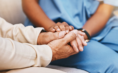 Image showing Nurse, patient and holding hands in nursing home for healthcare, empathy and support in depression, anxiety and psychology. Medical counseling, therapy and caregiver with hope, advice and counseling