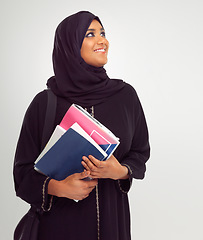 Image showing Muslim, student and thinking with an islamic girl holding books in studio on a gray background for education. Idea, learning and islam with a female pupil on a scholarship to study at university