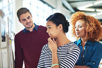 Image showing Business people, board and thinking in office with focus, learning or strategy for teamwork success. Group diversity, women and businessman reading whiteboard for marketing, team building or planning